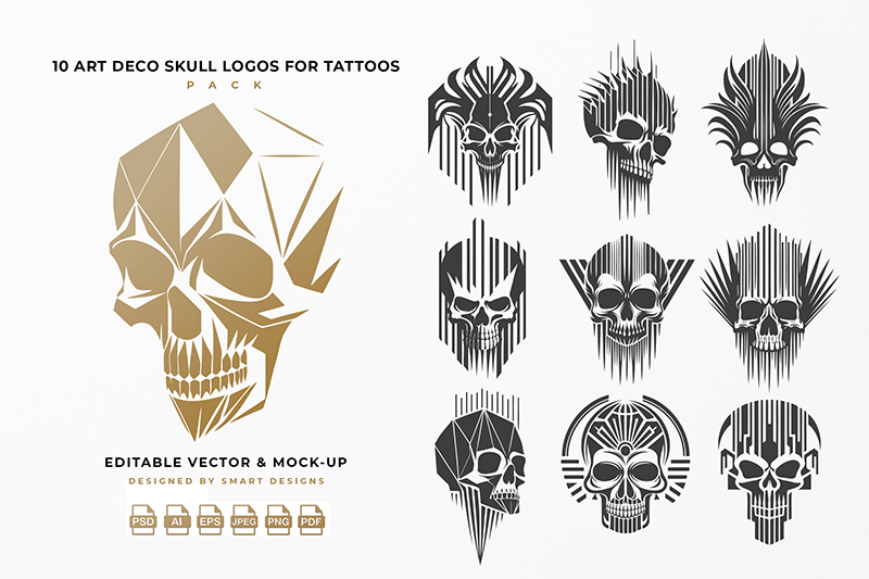 Art Deco Skull Logos for Tattoos Pack x10