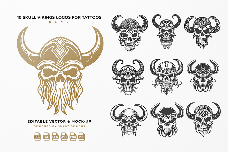 Skull Vikings Logos for Tattoos Pack x10