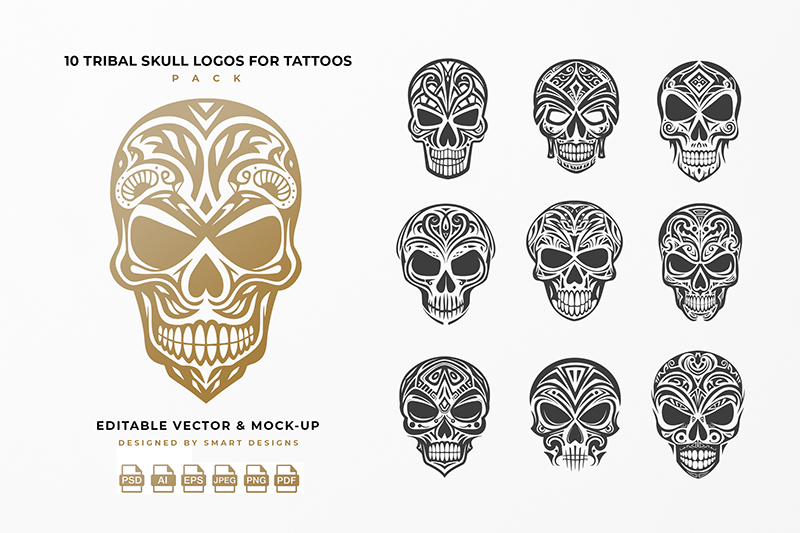 Tribal Skull Logos for Tattoos Pack x10