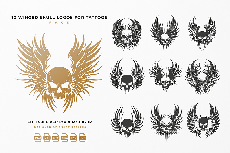 Winged Skull Logos for Tattos Pack x10